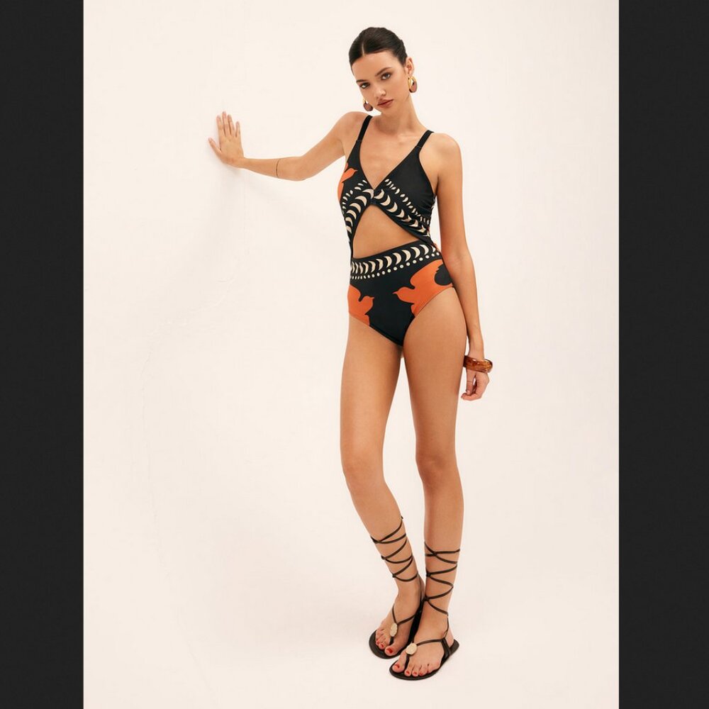 NWT Commense Black and Orange Cutout One-Piece Swimsuit (long torso friendly)
